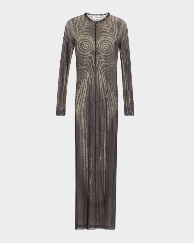 Spiral Mesh Long-Sleeve Maxi Dress